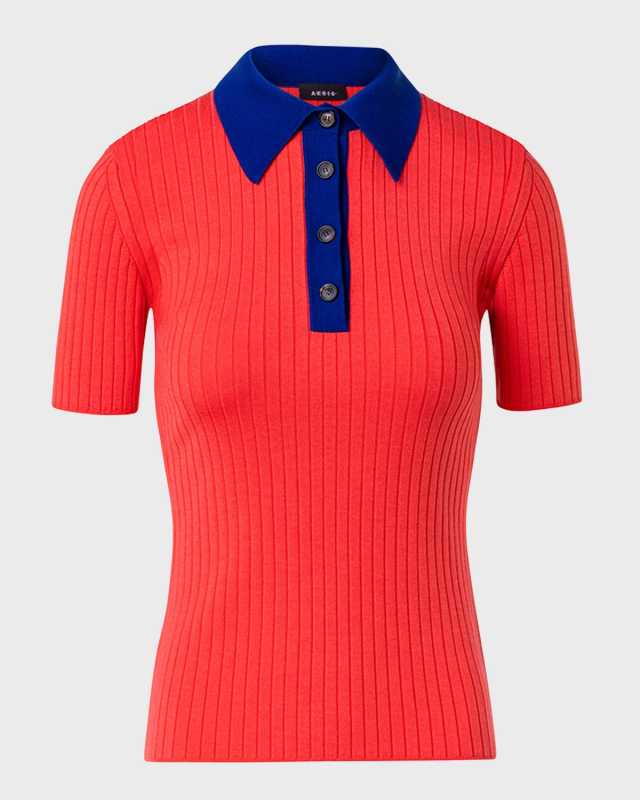 Silk Cotton Ribbed Knit Polo Top